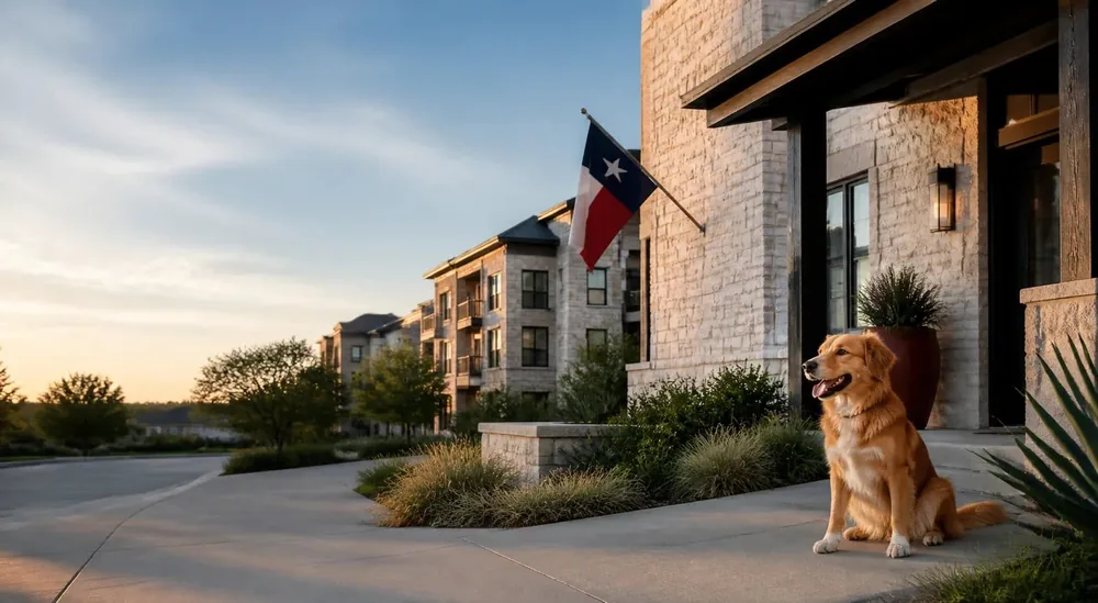 A Texas home with an assistance animal on the front porch.